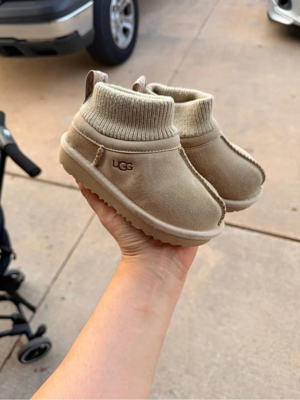 UGG Kids Tan Cozy Knit-Cuff Slip-Ons